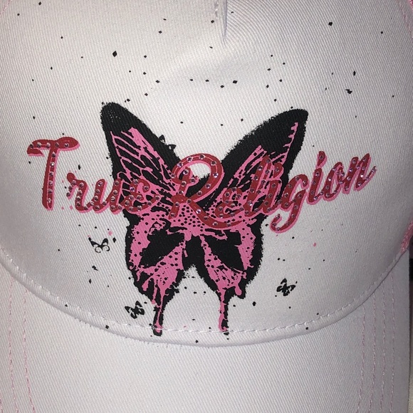 True Religion Optic White & Pink Mesh Butterfly Trucker Hat Rhinestone OS NWT main image 12